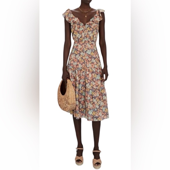 Veronica Beard Malgosia Floral Cotton Ruffle Cottagecore Vintage Midi Dress 10 - Picture 2 of 12